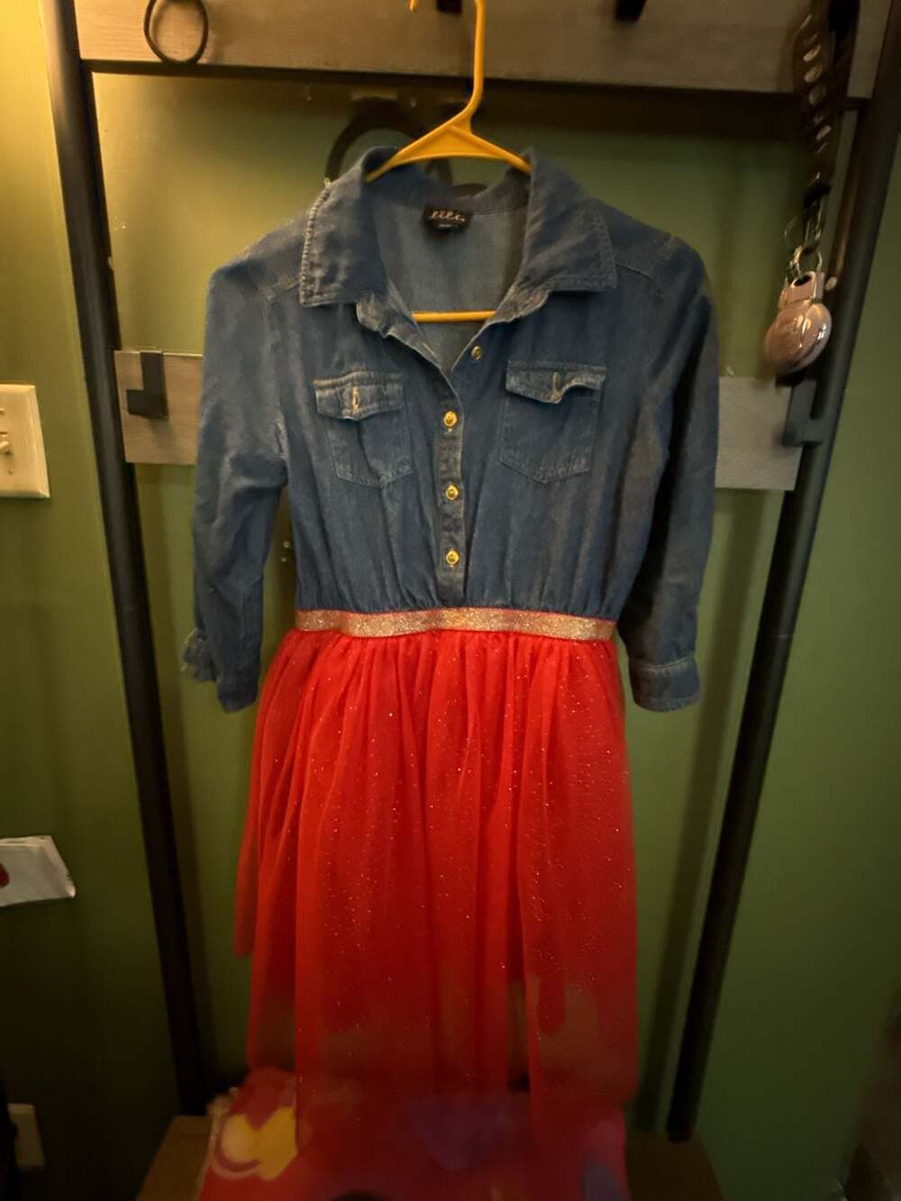 lilt Denim Tulle Dress Size XL 16 Blue Red Glitter Mesh Shirtdress